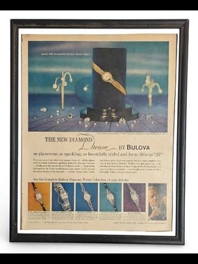 Vintage Framed Bulova Gold Watch Print with Blue & Cream Palette Ad